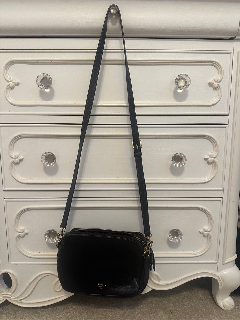 Fossil Black Leather Crossbody Camera Bag with Adjustable Strap